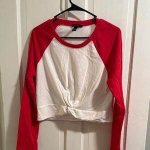 Forever 21 Red and White Long Sleeve Knotted Tee